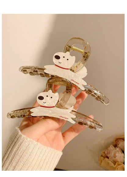Korean style cartoon puppy barrettes hair grips in beige and brown with puppy face handles
