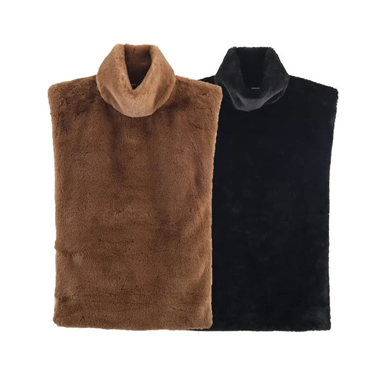 Women's dark brown half-turtle neck sleeveless top with furry texture, showing 40-50cm length