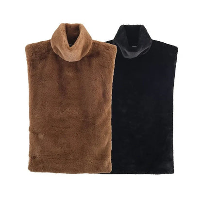 Women's dark brown half-turtle neck sleeveless top with furry texture, showing 40-50cm length