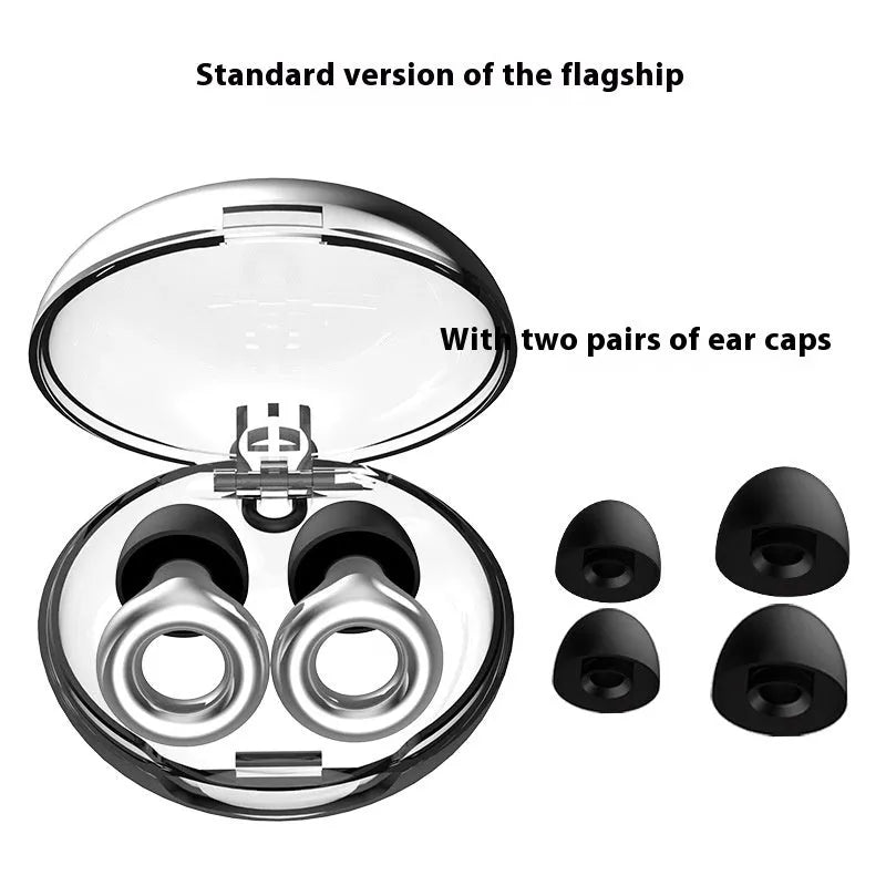 A pair of noise reduction sleep earplugs in a choice of colours, shown with a storage box and spare silicone ear caps.