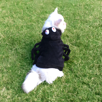 Dog wearing a black spider pattern Halloween costume made from polyester fabric