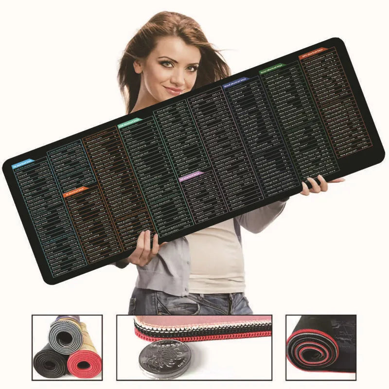 Super large office mouse mat with printed shortcut keys made from natural rubber in stain-resistant thermal transfer design, available in 300mm width by 600-900mm length and 2-4mm thickness sizes including 300x600mm, 300x800mm, and 400x900mm dimensions