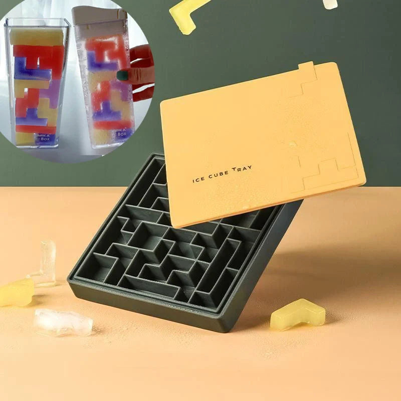 Labyrinth silicone ice cube tray in yellow, blue, and red for unique drink presentation