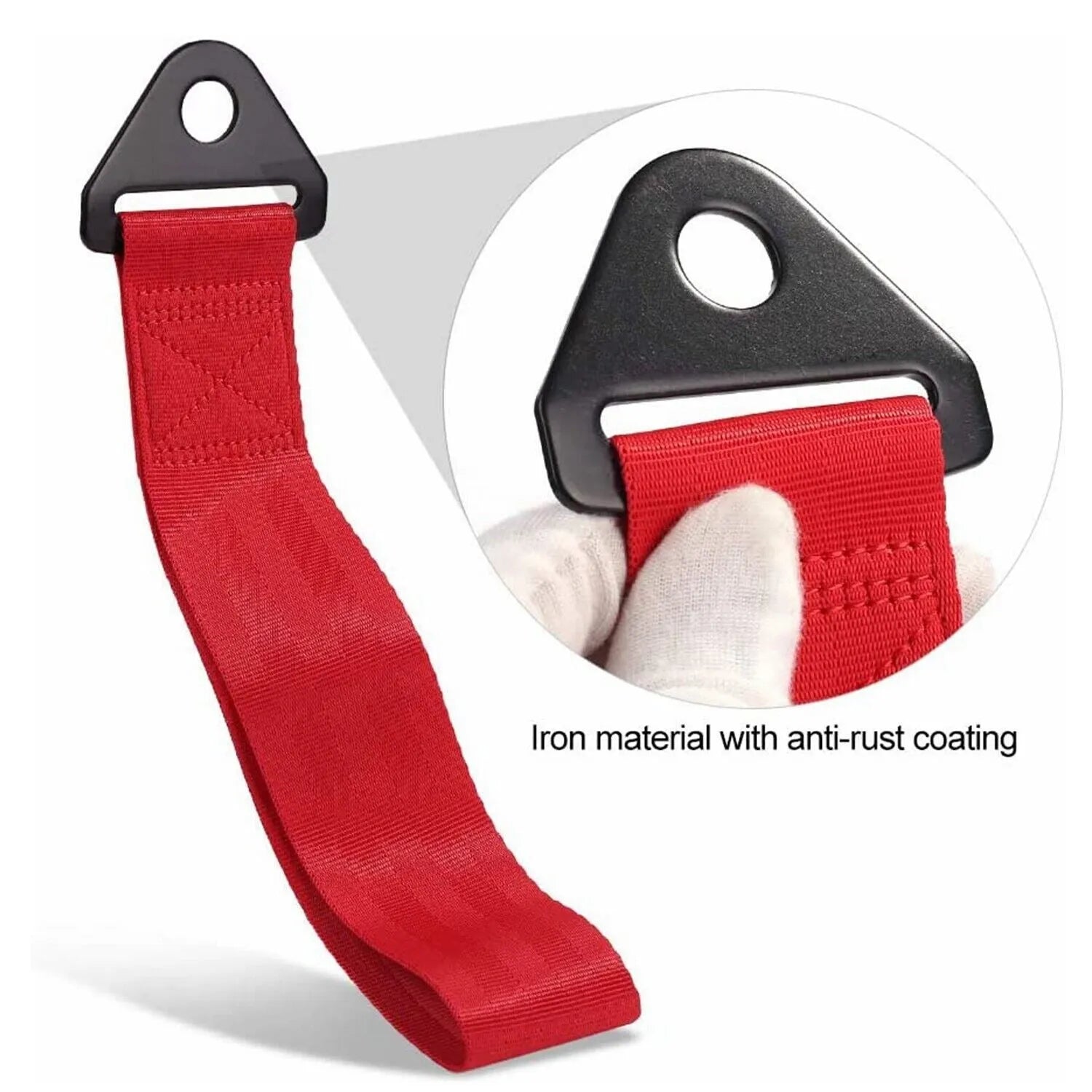 Red automotive trailer rope with bumper ribbon for vehicle towing
