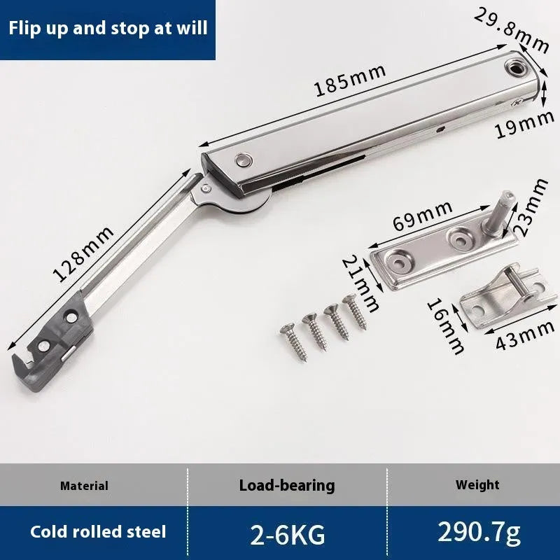 Cold rolled steel tatami cabinet support rod with adjustable stop for flap-up doors, stainless steel finish