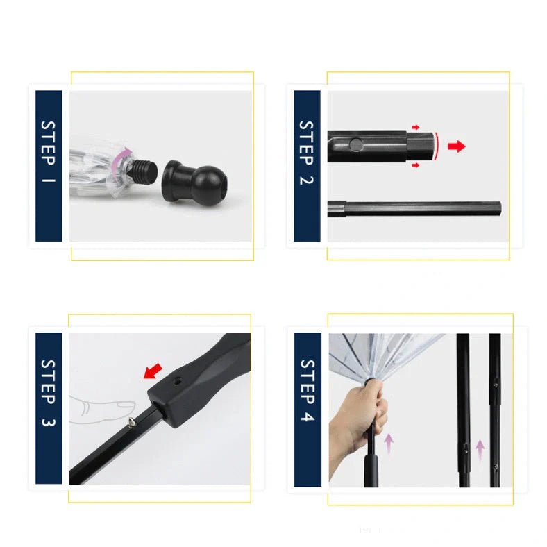 Transparent dog umbrella with stainless steel chain attached to harness for rainy walks