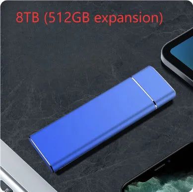 Sapphire blue portable solid state hard drive with metal case measuring 10.3cm