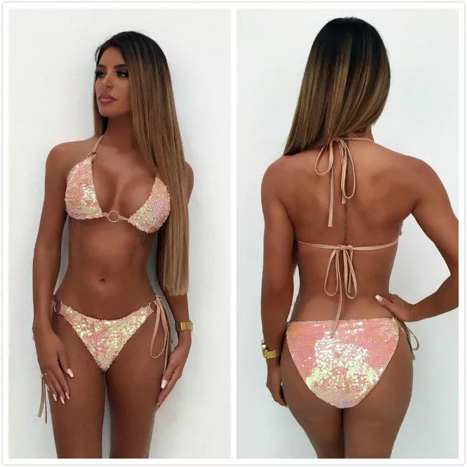 Sequin Color-changing Lace-up Bikini Set in pink with adjustable fit for swimming