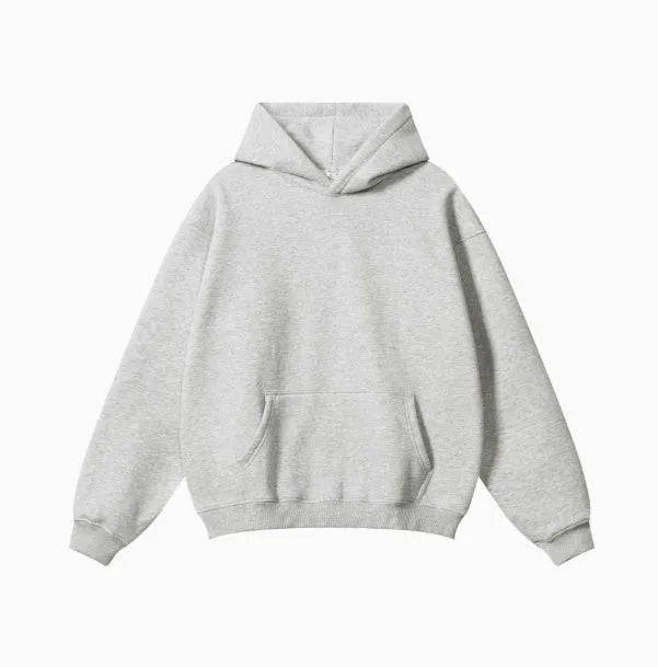 Men's grey terry hooded sweater with drop-shoulder sleeves and front pocket, showing textured cotton fabric