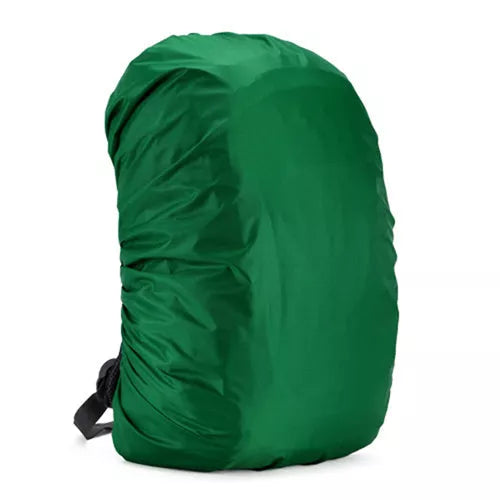 Waterproof backpack cover in various colors, showing elastic edge and compact fold