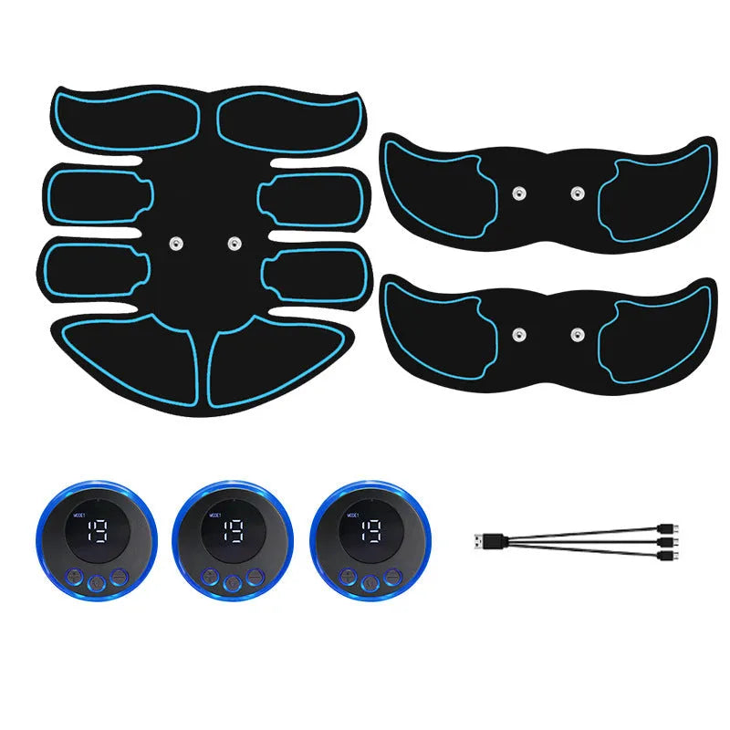 Digital display abdominal muscle patch with six massage pads and charging base in red, blue, and yellow edge options