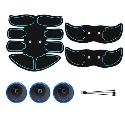 Digital display abdominal muscle patch with six massage pads and charging base in red, blue, and yellow edge options