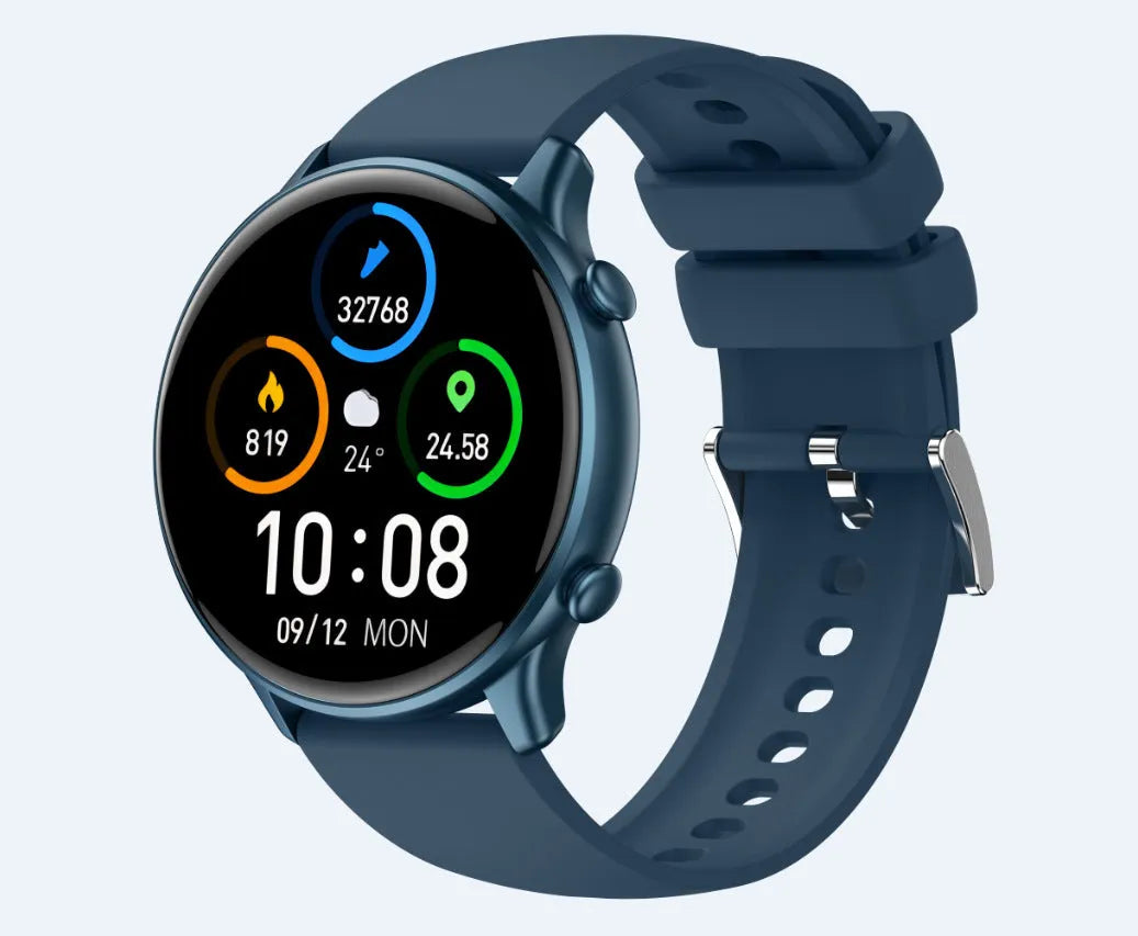 Round touch screen smart sports watch with silicone strap, showing heart rate and sleep monitoring display.