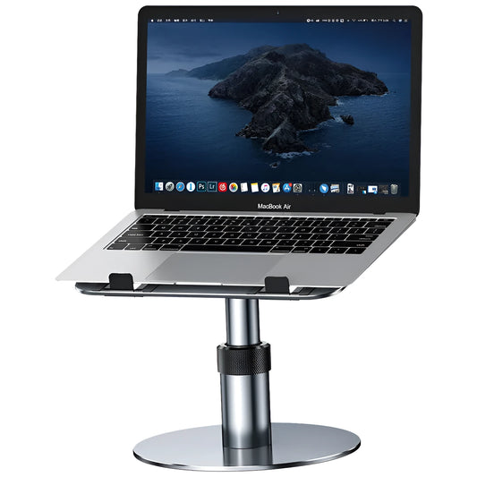 Silver adjustable aluminium car laptop stand with rotating base shown holding a laptop