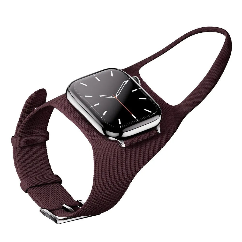 Nylon knitted rider wrist strap for Apple Watch in Army Green, Wine Red, Blue, or Black, sizes 38-42mm and 42-49mm