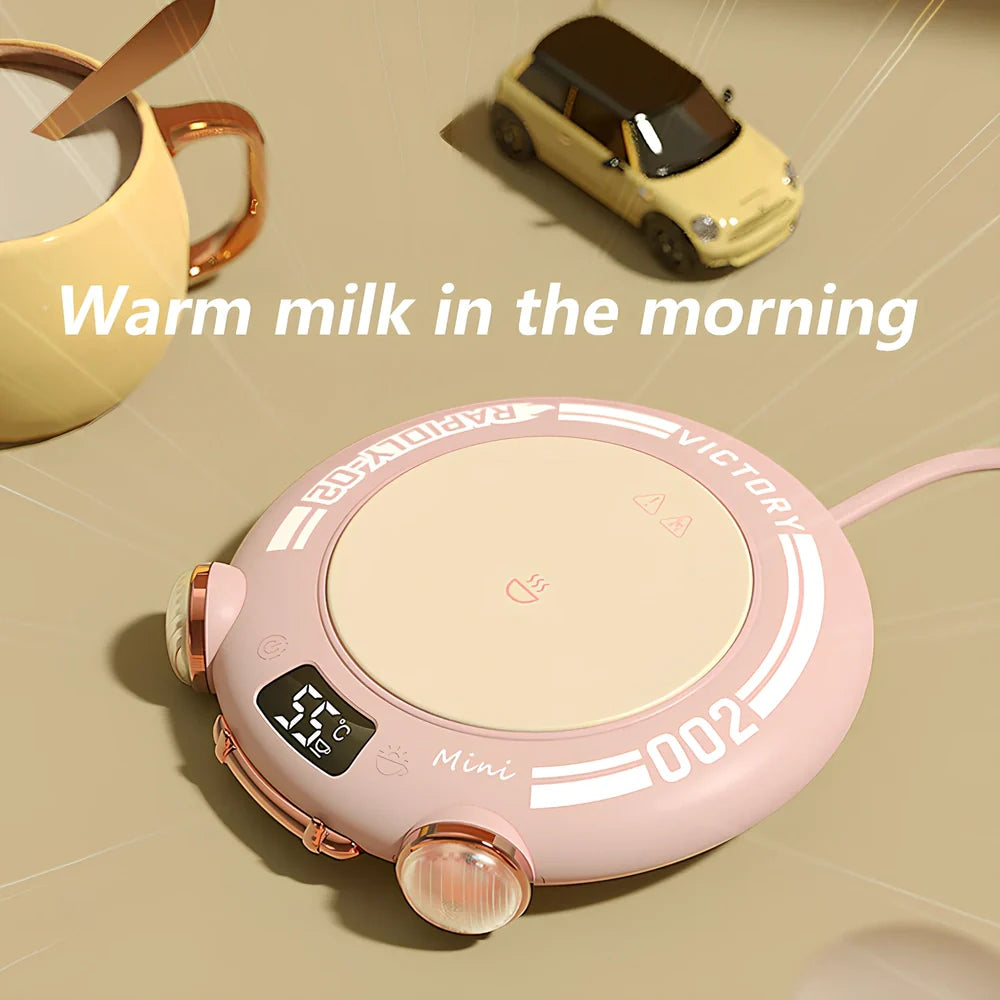 Green portable coffee mug warmer with touch controls and 100mm heating surface for office desks