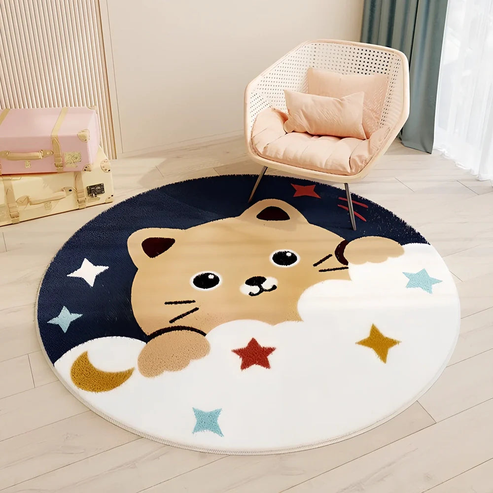 Circular children's polyester rug with animal character design, measuring 120cm diameter with soft pile surface