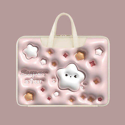PU leather inflatable laptop bag with strap, shown in a cartoon pattern design, hanging from a suitcase handle.