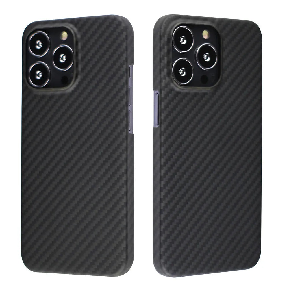 Matte black Kevlar fibre protective case for iPhone showing crater texture and exposed side buttons.