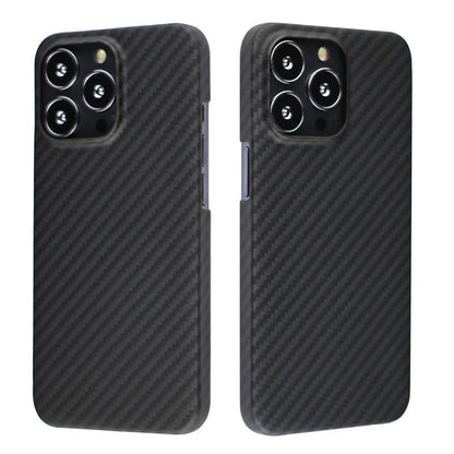 Matte black Kevlar fibre protective case for iPhone showing crater texture and exposed side buttons.