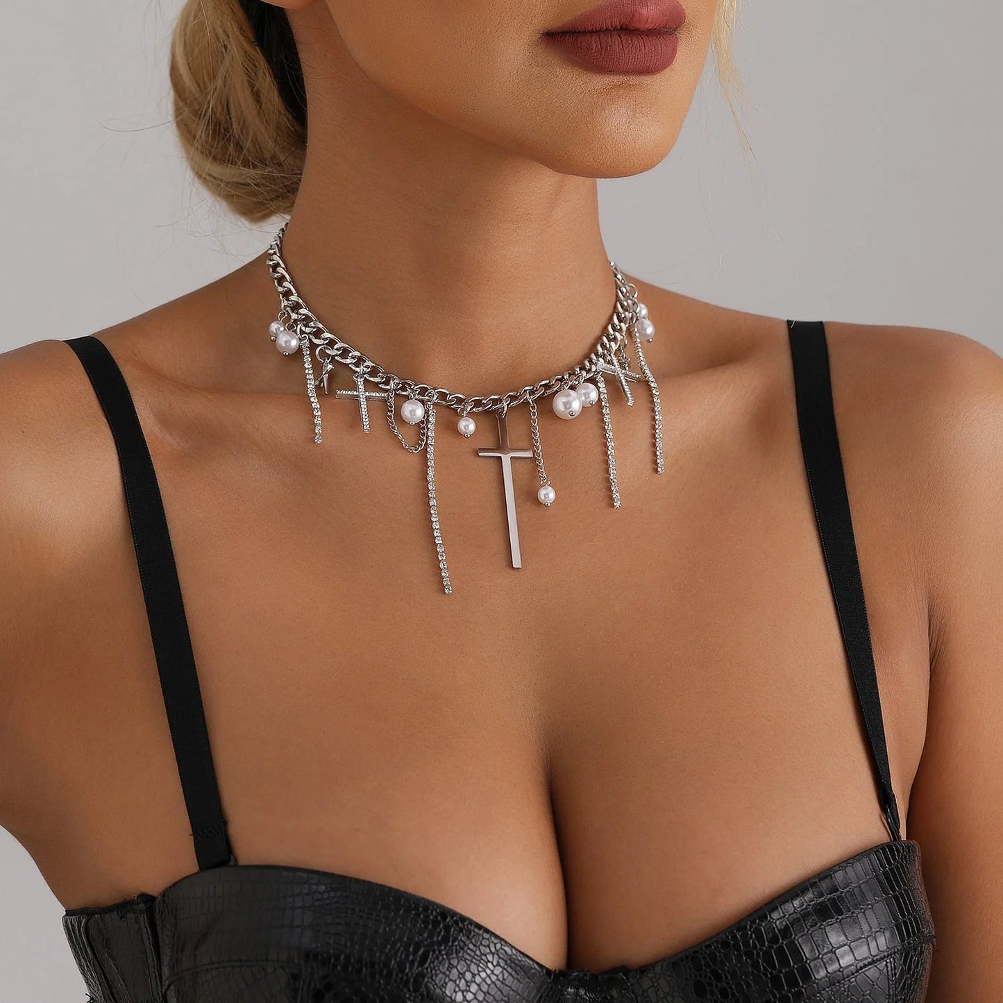 Cross tassel pearl collarbone chain necklace with alloy pendant in ZW1941 color