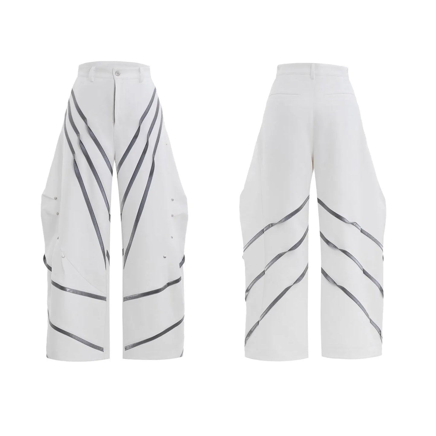 Men's trousers with three-dimensional cutting and metal striped rivet pleats in black or white, showing tailored fit and detail