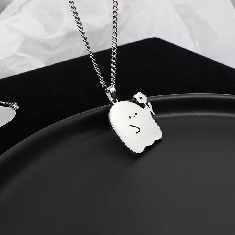 Stainless steel ghost and cat pendant necklace with water wave chain