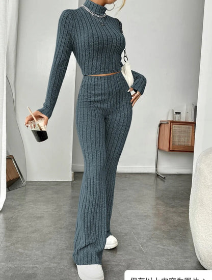 Women's cotton long sleeve turtleneck and wide leg high waist trousers set in various colors