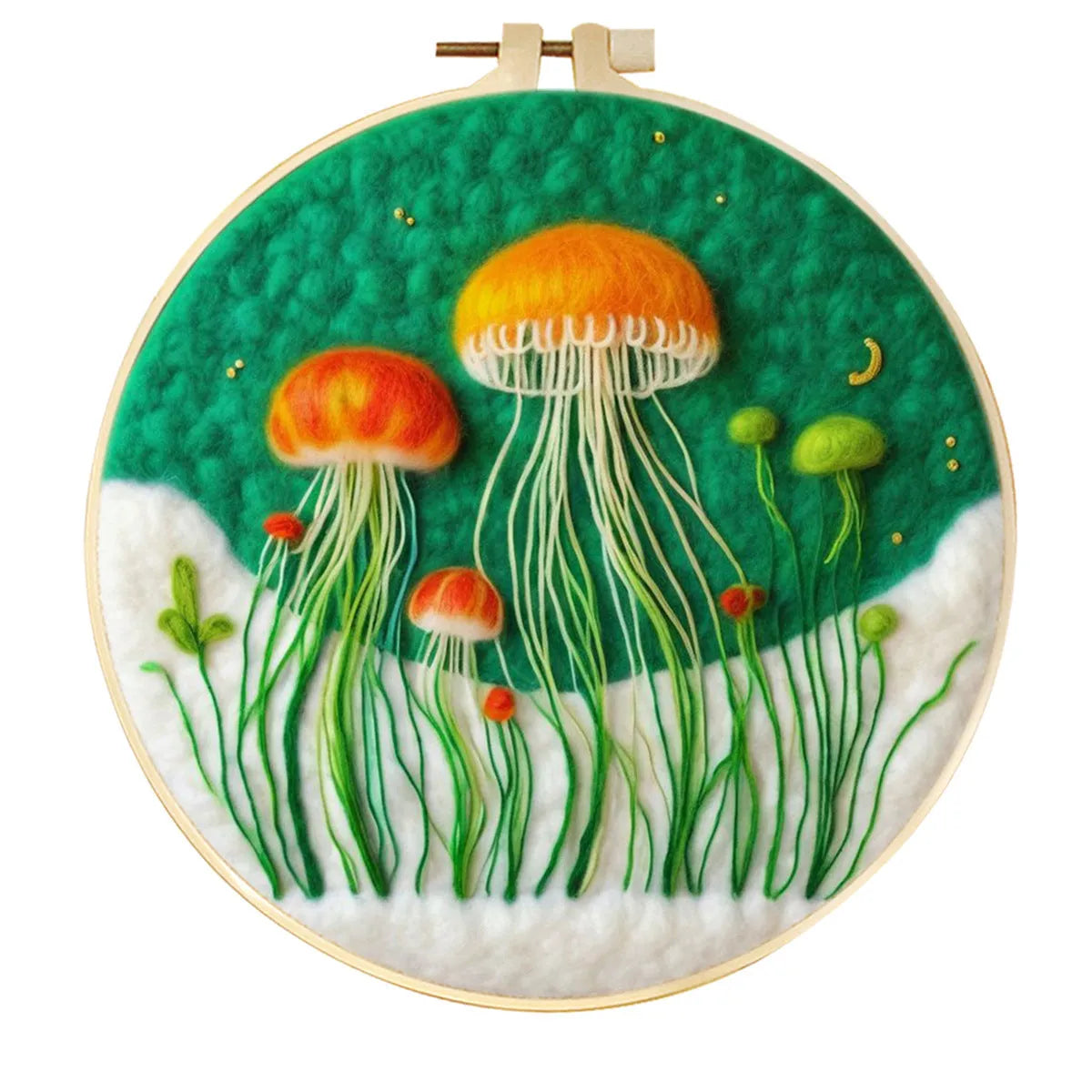Round fabric embroidery kit with 20x20cm linen frame and wool felt for three-dimensional floral artwork
