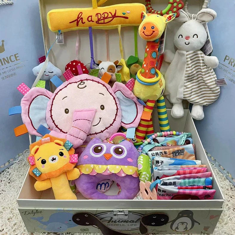 Blue and pink cartoon plush toy set for infant development with soft material