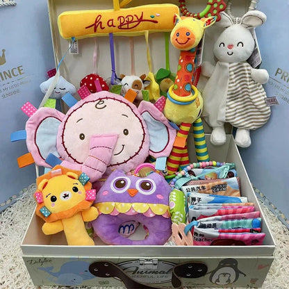 Blue and pink cartoon plush toy set for infant development with soft material