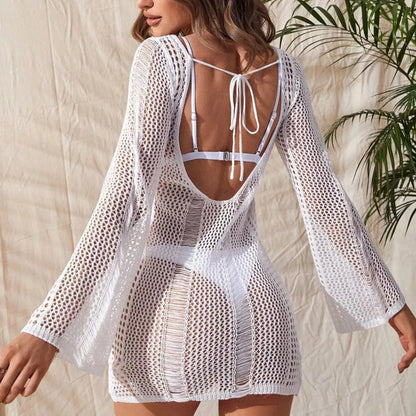 Women's knitted hollow backless long sleeve bikini swimsuit blouse in white, black, and apricot