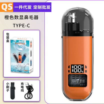 Rechargeable nose hair trimmer with digital display, removable cutter head, and cleaning brush.