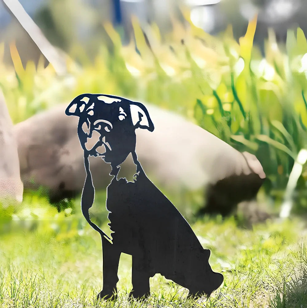 Metal dog silhouette garden decoration showing breed outline on iron background for outdoor display