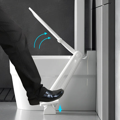 White plastic pedal toilet lid lifter with foot operation mechanism for hands-free use