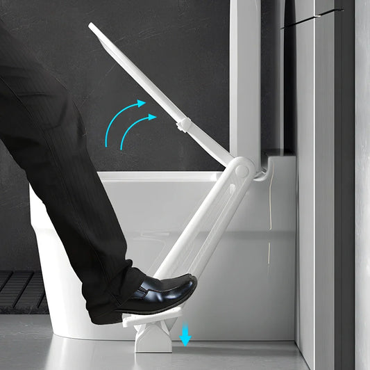 White plastic pedal toilet lid lifter with foot operation mechanism for hands-free use