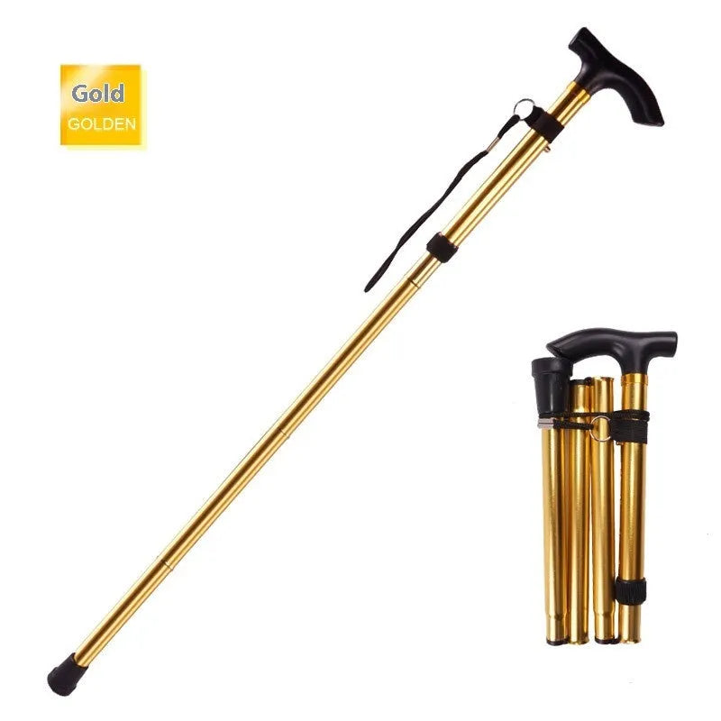 Aluminium alloy folding cane extended to 95 cm with non-slip rubber tip, showing adjustable height mechanism