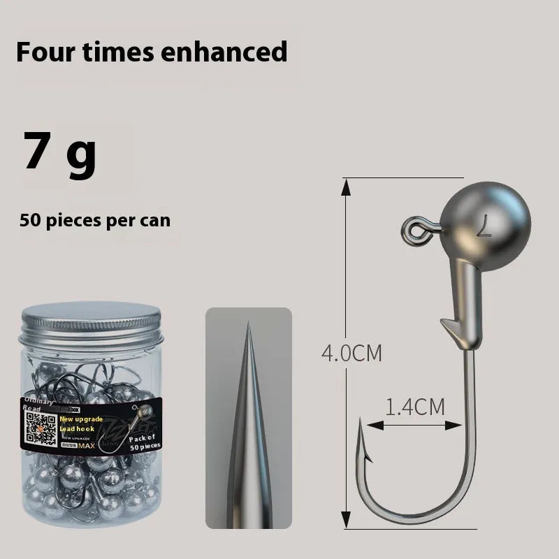 Steel jig fishing hooks with lead heads, 7g weight, and blood trough design in a set of 50 pieces