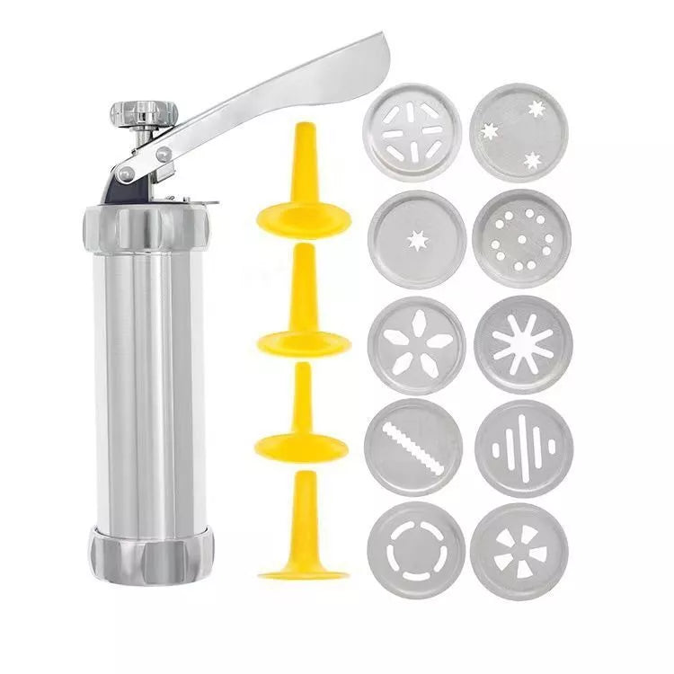 Stainless steel cookie press gun with multiple discs for baking and icing