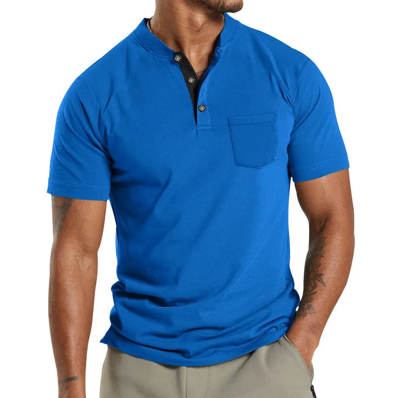 A man wearing a plus size solid colour short sleeve polyester shirt with a button chest pocket.