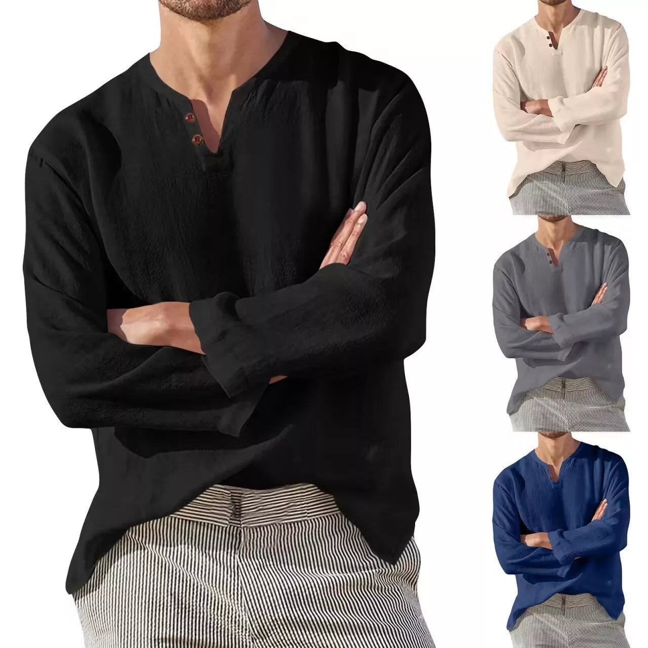 Men's cotton linen long sleeve V-neck shirt in blue, gray, black, and apricot