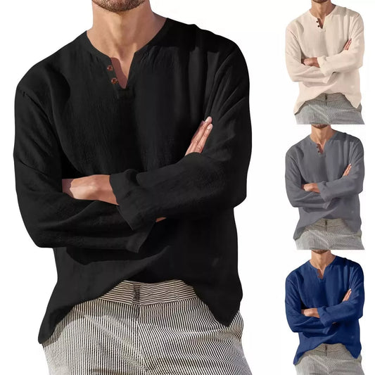 Men's cotton linen long sleeve V-neck shirt in blue, gray, black, and apricot