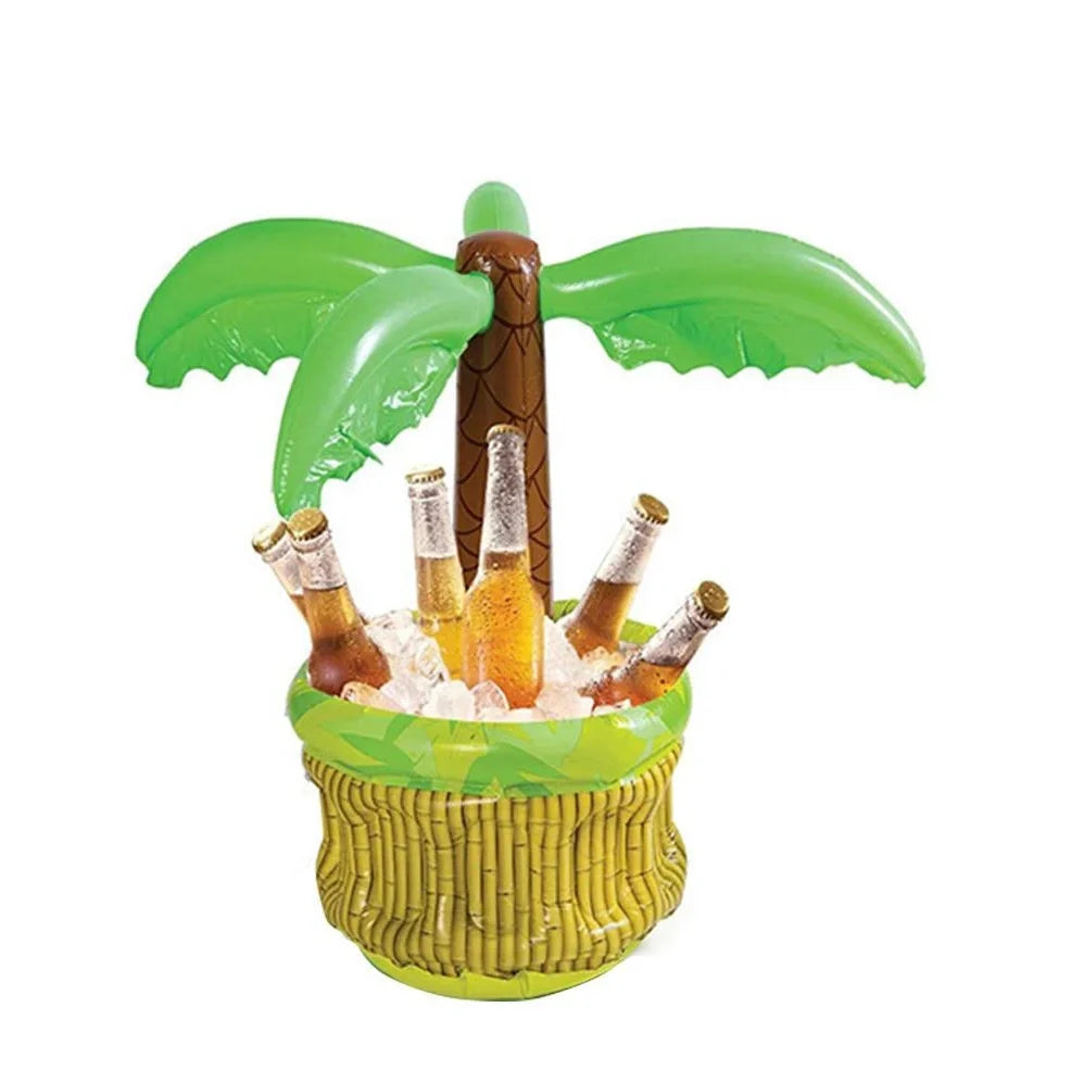 Green inflatable palm tree shaped cooler with coconut details holding beer bottles and ice
