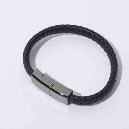 Stylish bracelet charging cable with premium leather and zinc alloy construction, compatible with iPhones, Android, and USB-C devices