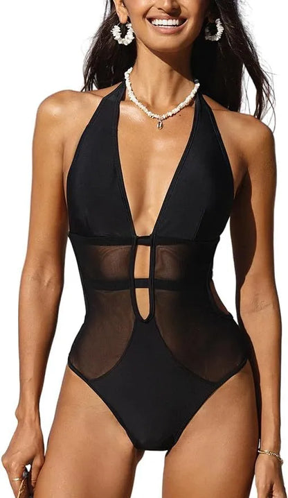 Black mesh women's one-piece swimsuit with V-neck hanging neck design