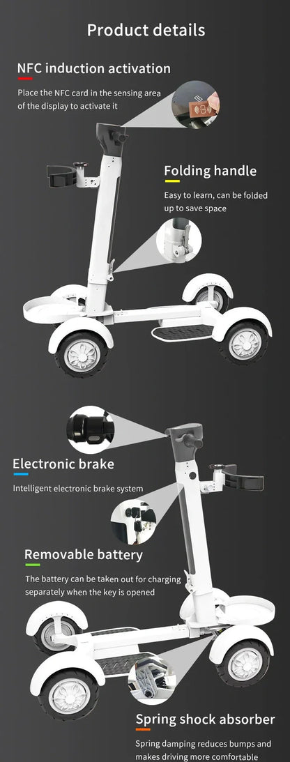 White four-wheel electric golf scooter with folding mechanism and aluminium alloy frame
