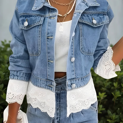 Blue denim jacket for women with decorative lace stitching detail on the front, long sleeves.