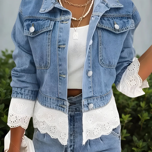 Blue denim jacket for women with decorative lace stitching detail on the front, long sleeves.