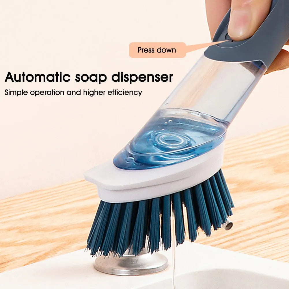 Long-handled kitchen cleaning brush with a soap dispenser button and a blue sponge head