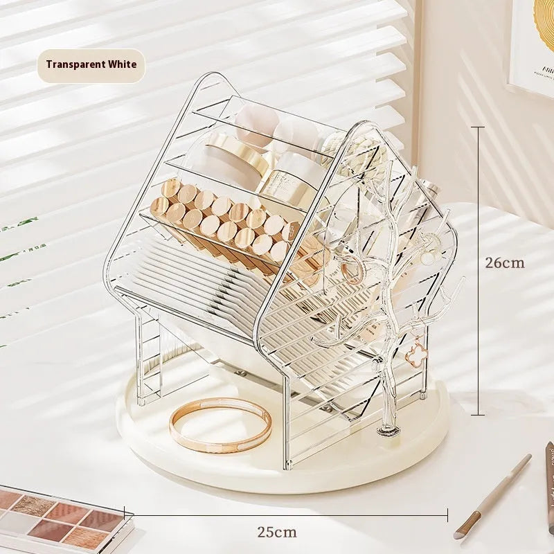 Rotating cosmetics storage box with 360° rotation in clear or amber gold plastic, odour-free construction